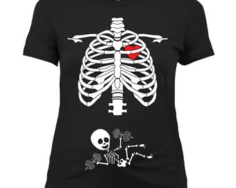 Skeleton Maternity Halloween Shirt Fit Mom Pregnancy reveal gift for her Baby announcement funny Tshirt Easy Costume Weightlifting Gym RG-28