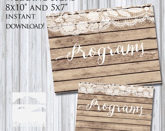 Printable wedding sign shabby chic rustic wood and lace themed "Programs" sign, 5x7" + 8x10"