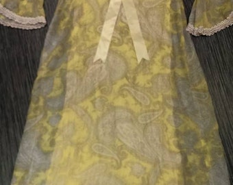 Vintage 1960's 1970's Long Maxi Dress Handmade Yellow Grey Paisley Fully Lined