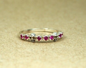 Skull Ring Women 925 Sterling Silver Quality Pink CZ Stone, Engagement Anniversary Promise Rings Unique Skulls Gothic Jewelry Gift for her