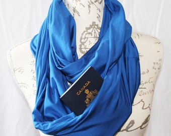 Passport Scarf/ Cobalt Blue Infinity Scarf with Hidden Zipper Pocket / Travel scarf / Passport Scarf / Bridesmaid Gift / Graduation Gift