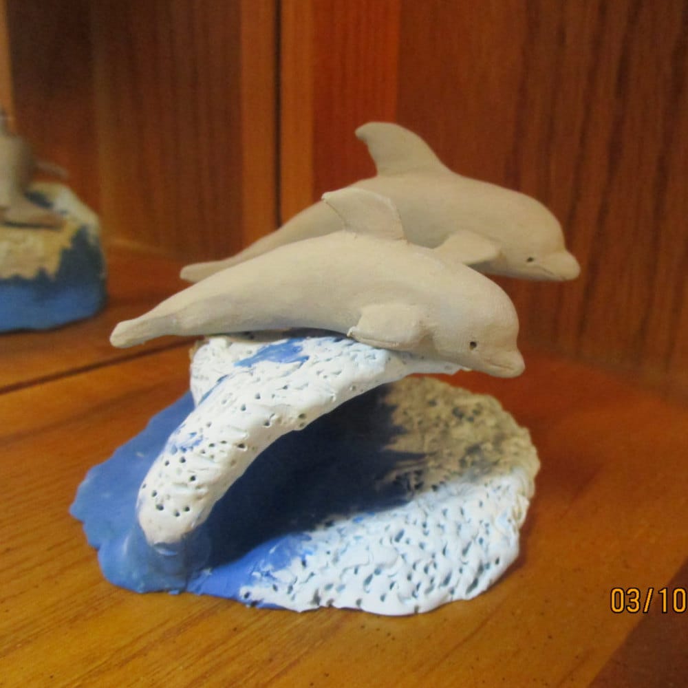 Polymer Clay Dolphins on Wave Realistic Figurine Miniature