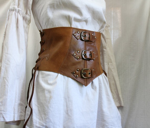 Brown leather wide waist belt by Mariekecreation steampunk buy now online