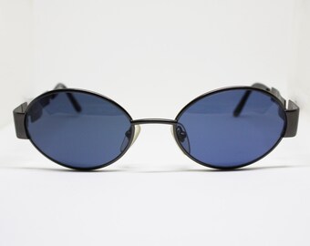 Oval sunglasses ANNABELLA thick metal frame with golden details on hinge blue lenses fixed, Deadstock