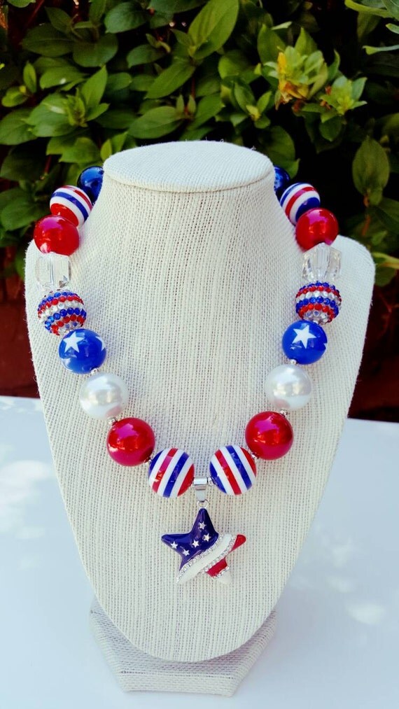 4th of July Chunky Bead Bubblegum Necklace by LLuvliesBoutique