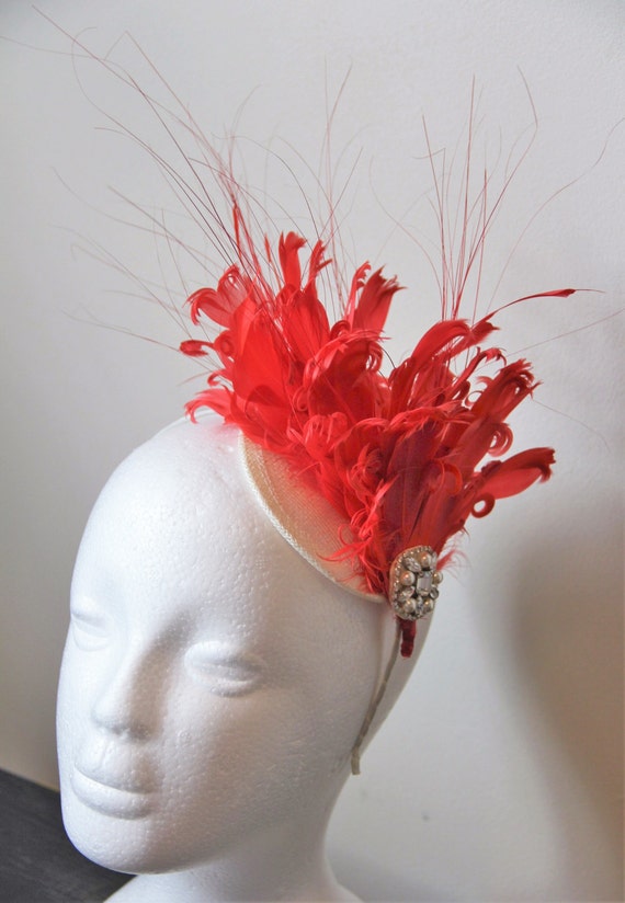 1920s style red feather fascinator wedding fascinator races