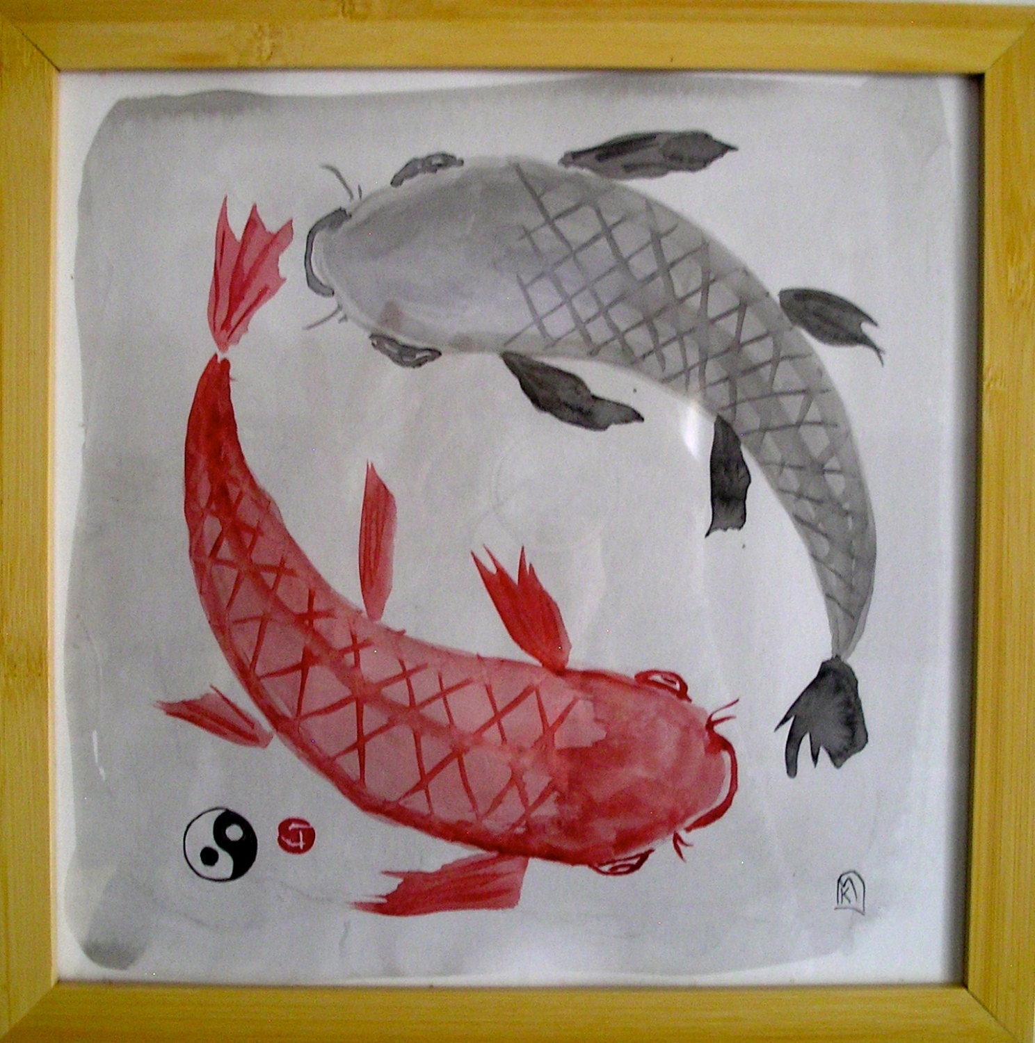 Yin Yang Koi Fish Sumi E Ink Original Painting 10x10inches