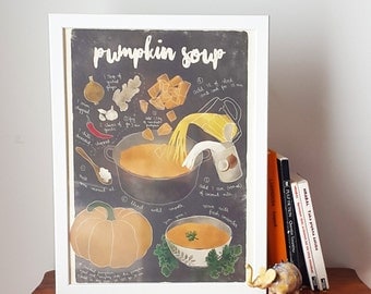 Illustrated recipe art print | Pumpkin soup | Illustrated food | Kitchen art
