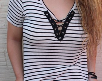Striped High Low LF Inspired Lace up Tee