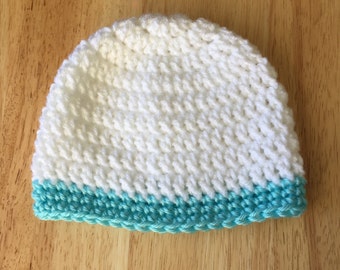 White and Aqua Crochet baby hat, Beanie, Boy or Girl, 0 to 12 months, Baby gift , infant hat, select a size