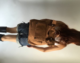 Brown cognac canvas backpack,leather strap travel backpack,Canvas Satchel Rucksack,Back to school laptop bag /SALE 30% - no.105 ALLISON