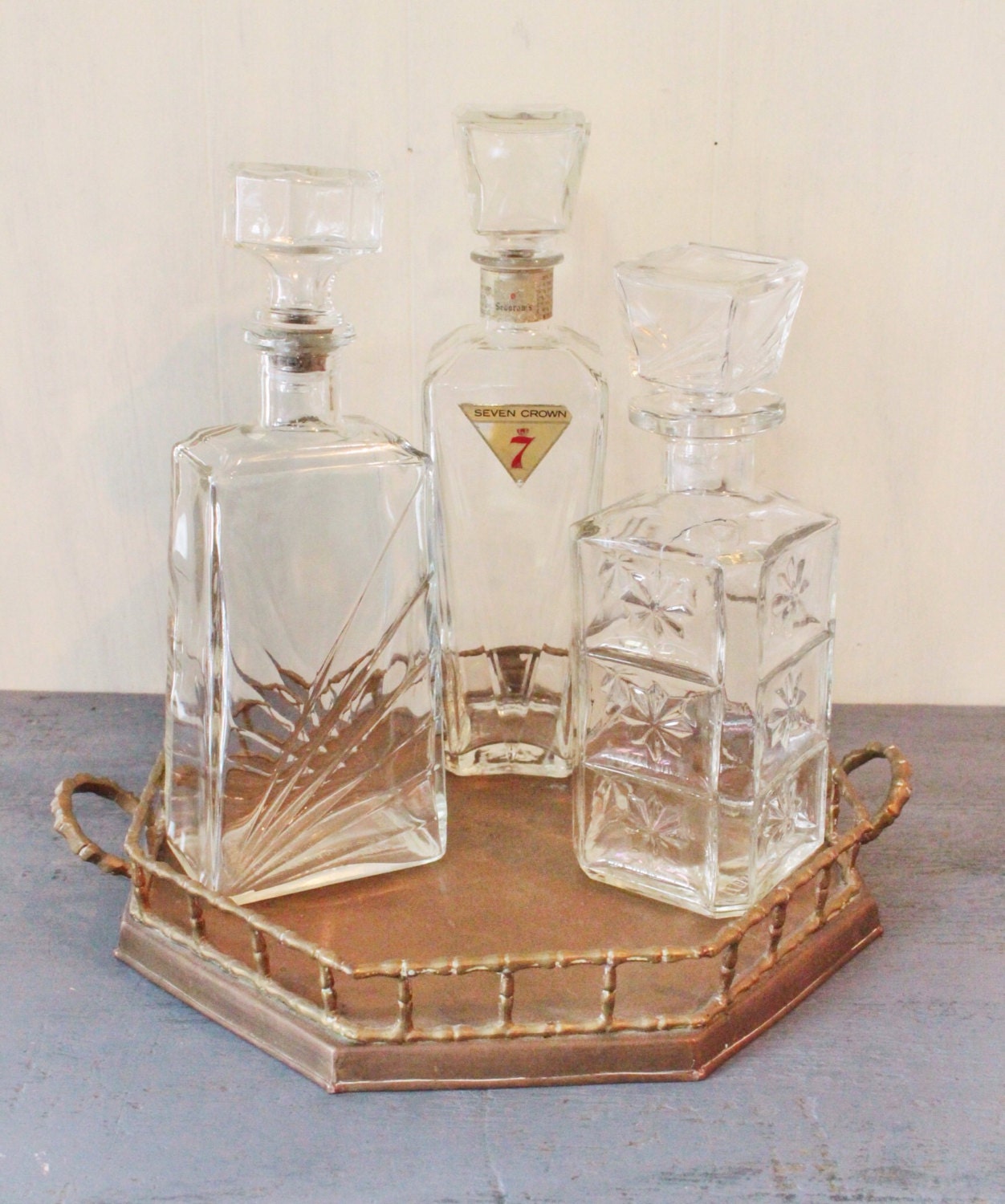 vintage glass bottle mid century bar decanter by ninedoorsvintage