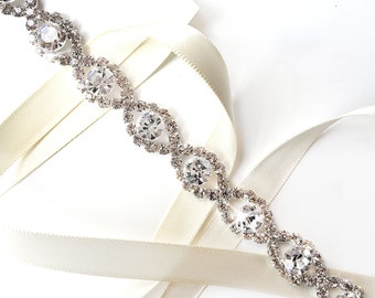 Infinity Rhinestone Bridal Belt Sash - White Ivory Silver Satin Ribbon - Rhinestone Crystal Wedding Dress Thin Belt - Standard Length