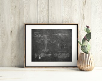 P-40 WWII airplane blueprint art, warhawk blueprint art, wwii fighter airplane, veteran pilot gift, military art, airplane decor, xmas gift