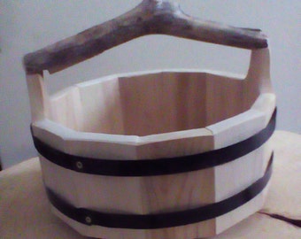 Wine barrel lazy susan with rustic branch handle picnic basket or plant pot supply caddy
