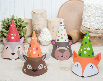 woodland animals Party Hat kit Fox party hat, Deer party hat, squirrel/chipmunk hat, and Brown Bear hat with ears and antlers that pop out