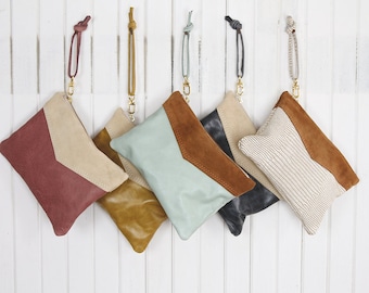 Large Leather Wristlet - Leather Handbag - Suede Leather - Two Tone With Suede Leather and Brass Zipper Closure Available in 40 Colors