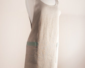 Linen Apron, Crisscrossed apron, Japanese style apron, 100% Linen, Natural rustic color, Full apron, Middle Weight (5.3 oz/yd2).