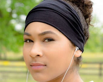 Workout Headband Yoga Headband Black Womens Headband Stretchy Head Wrap Exercise Headwrap Knit Headscarf Black Yoga Headwrap (#1101) S M L X