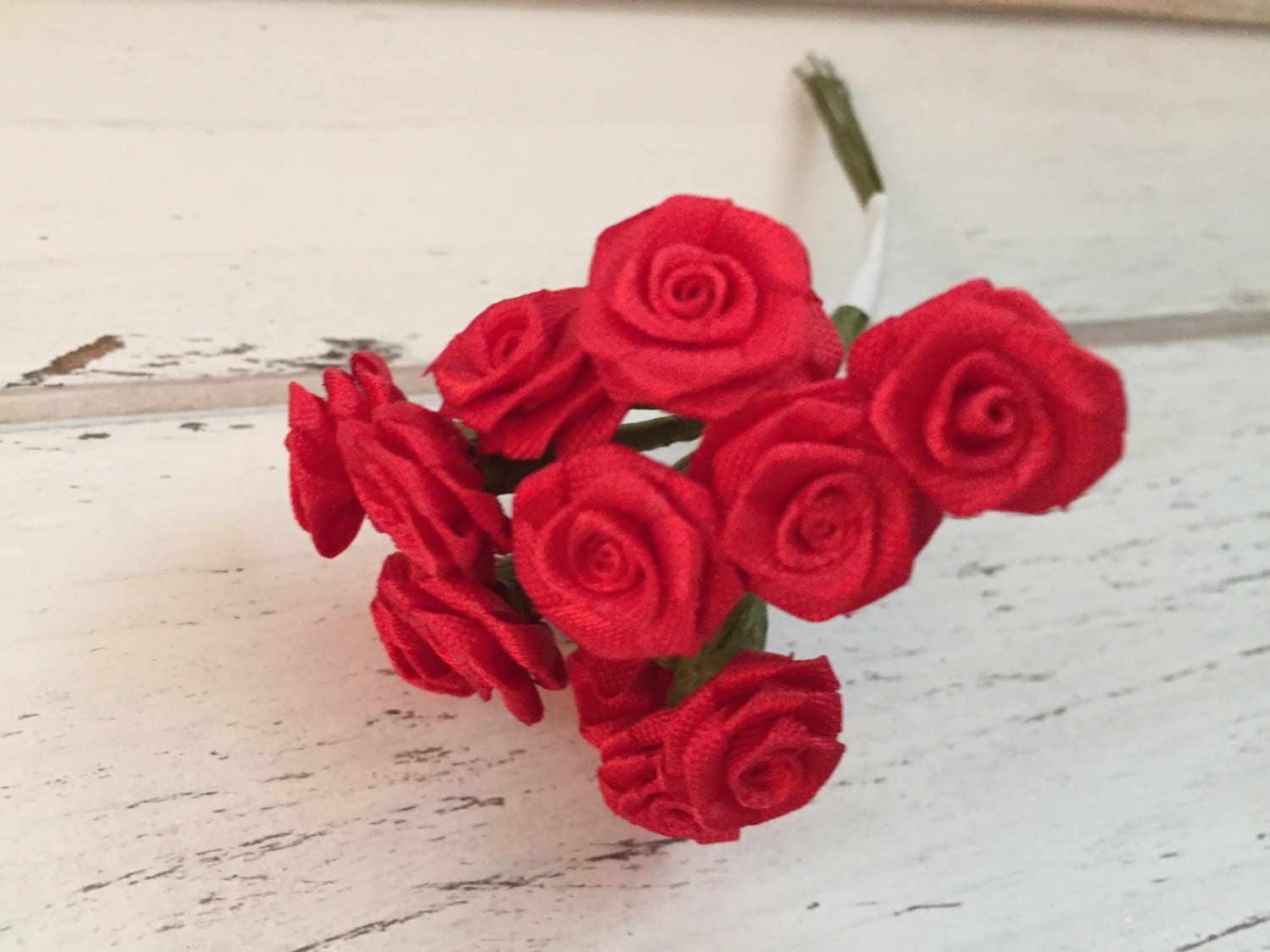 Mini Ribbon Roses Red 12 Pieces Per Bunch Green Wire by BitsyNest