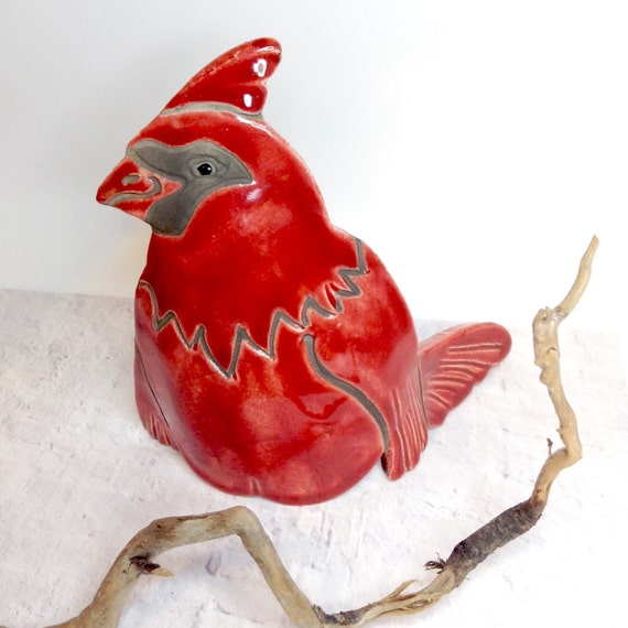 Items similar to Red Cardinal Bird Raku Pottery clay ceramic bird sculpture raku art animal