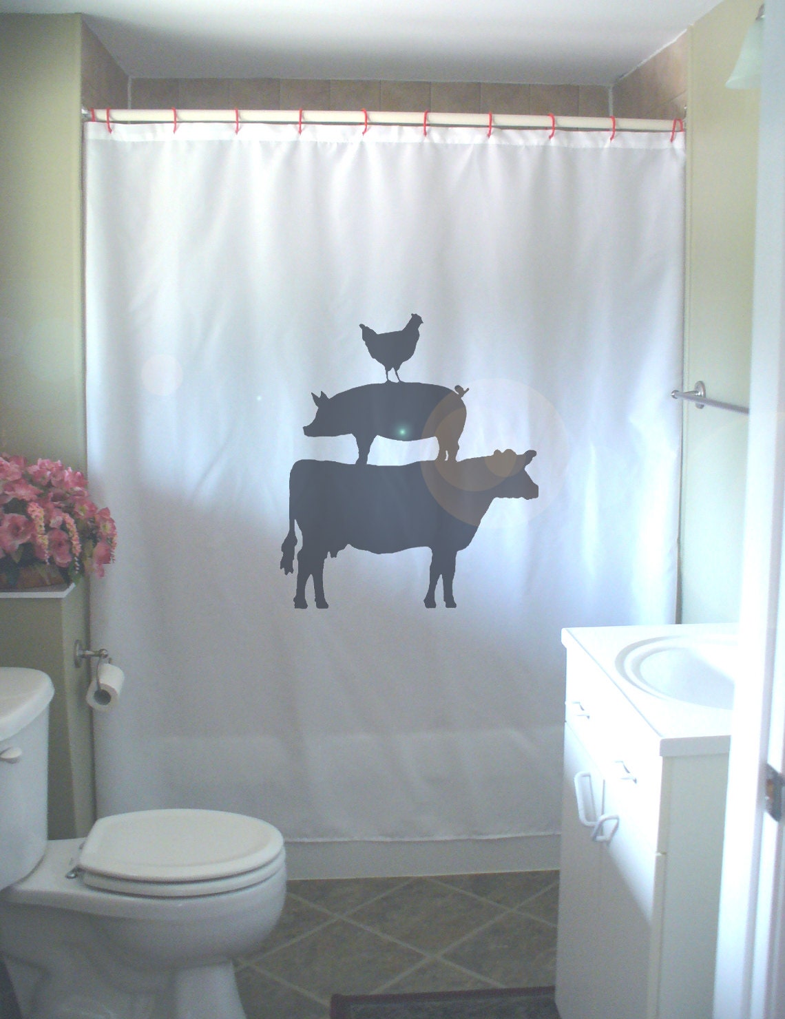 farm animal pyramid Shower curtain chicken pig cow farmyard