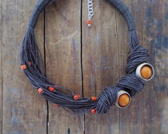 Tagua Nut Necklace, Linen Necklace, Orange Tagua, Eco Friendly , Natural Necklace, Unique Necklace, Boho Necklace, Linen Cord, Natural Beads