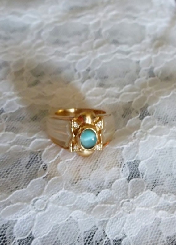 Espo Signed Ring 14k GE Cat's Eye Blue Center by LaurasUniques