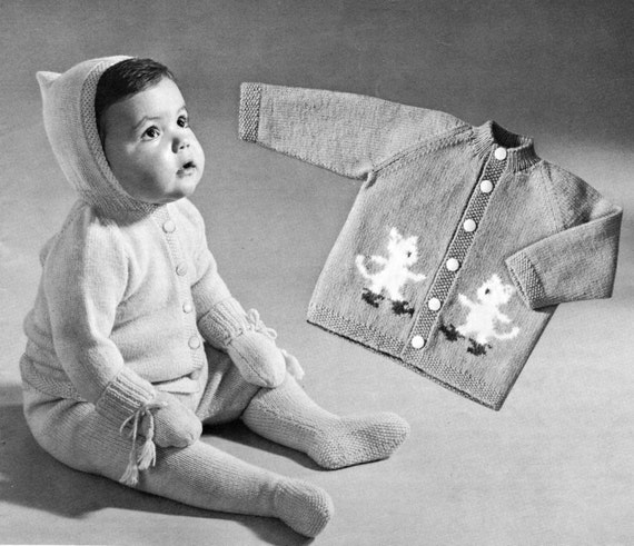 vintage knitting pattern baby hooded pixie sweater footed legging pants long cuff laced mittens winter outfit 9-12 months printable pdf 1940