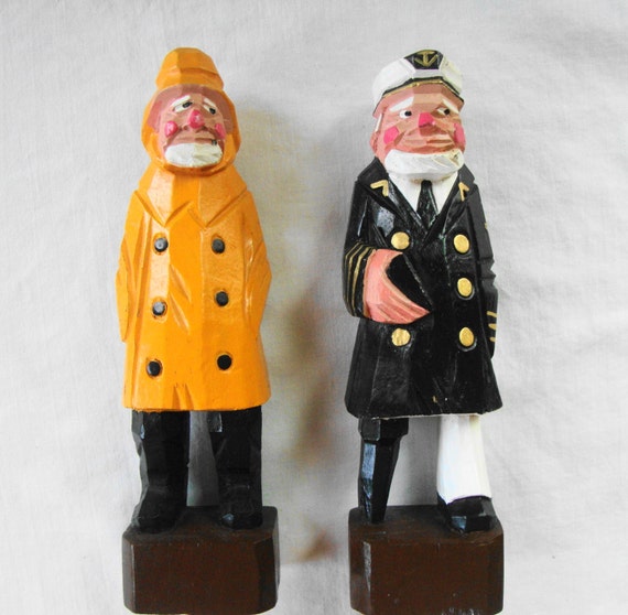 2 VINTAGE HAND CARVED Wood Seamen Figurines Two Vintage