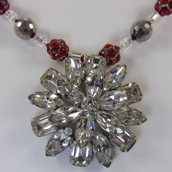 Vintage Albert Weis Rhinestone Brooch becomes a Pendant on this Red Crystal, Hematite, and Silver Necklace