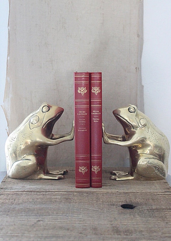 vintage brass frog bookends