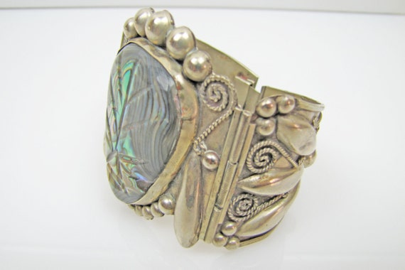 Taxco Mexico Sterling Silver Carved Abalone Bracelet. Wide