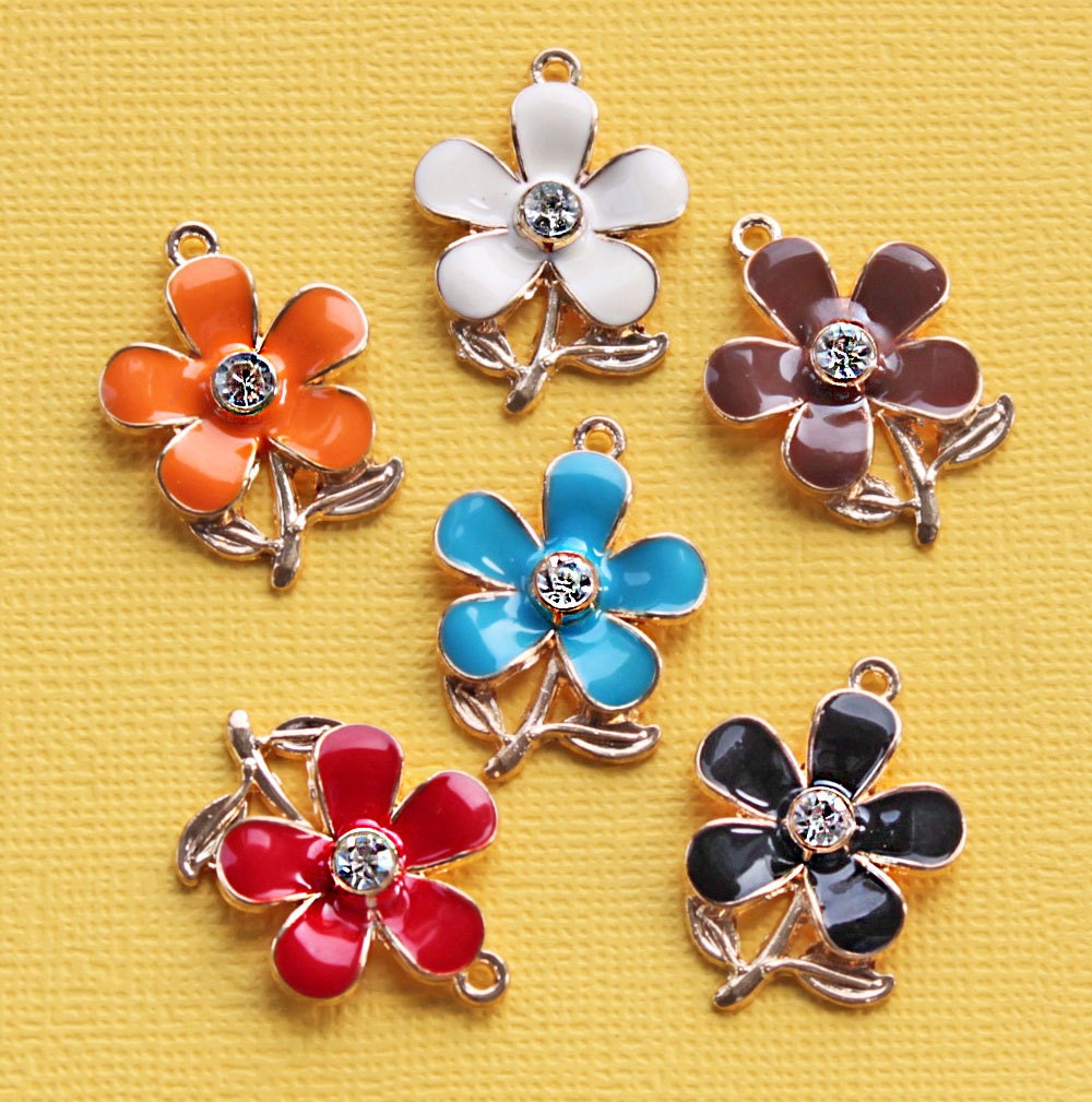 5 Flower Enamel Charms Gold Plated with Inlaid Rhinestone