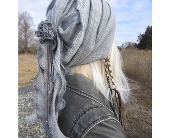 Bohemian Clothing Slouchy Beanie Knit Hat Women's Slouch Tam Gray Striped Cotton Cashmere Blend Rose Rag Leather Wrap Tie Back Grey A1796