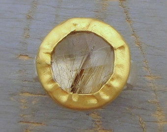 Gold Rotile Quartz Ring - 24k Gold & Silver Ring - Round Rotile Quartz Ring - Gemstone Ring - Coctail Gold Ring - Solid Gold Ring