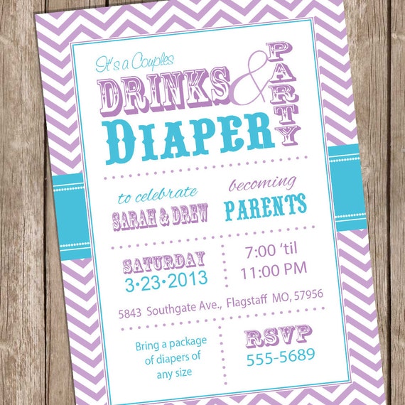 Couples baby shower invitation Teal and Purple Drinks and