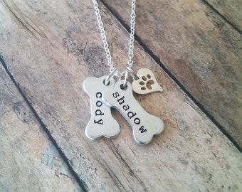 Personalized Pet Jewelry // Dog Paw Necklace // Dog Jewelry // Paw Print // Pet Memorial // Dog Bone Charm Necklace // Hand Stamped Jewelry