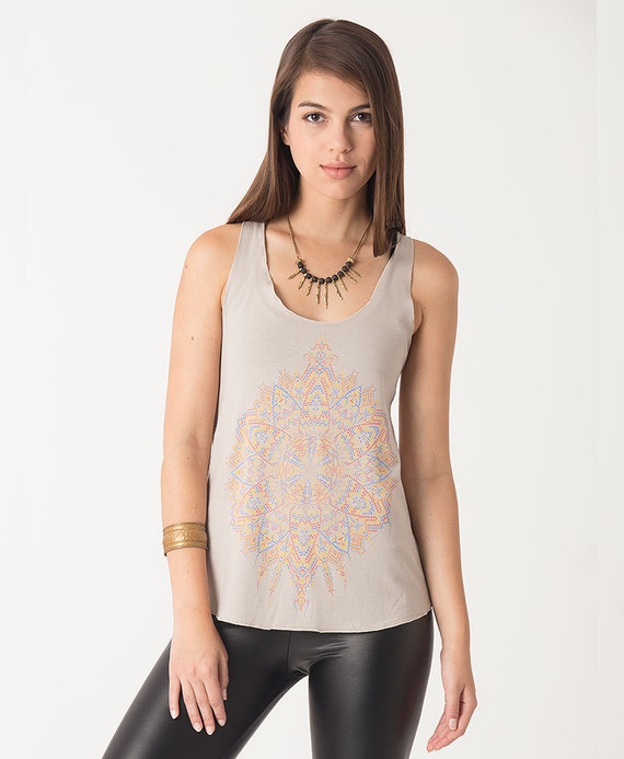 Women Psychedelic Tank In Beige Yoga Top Uv Reactive by IIISOLIII