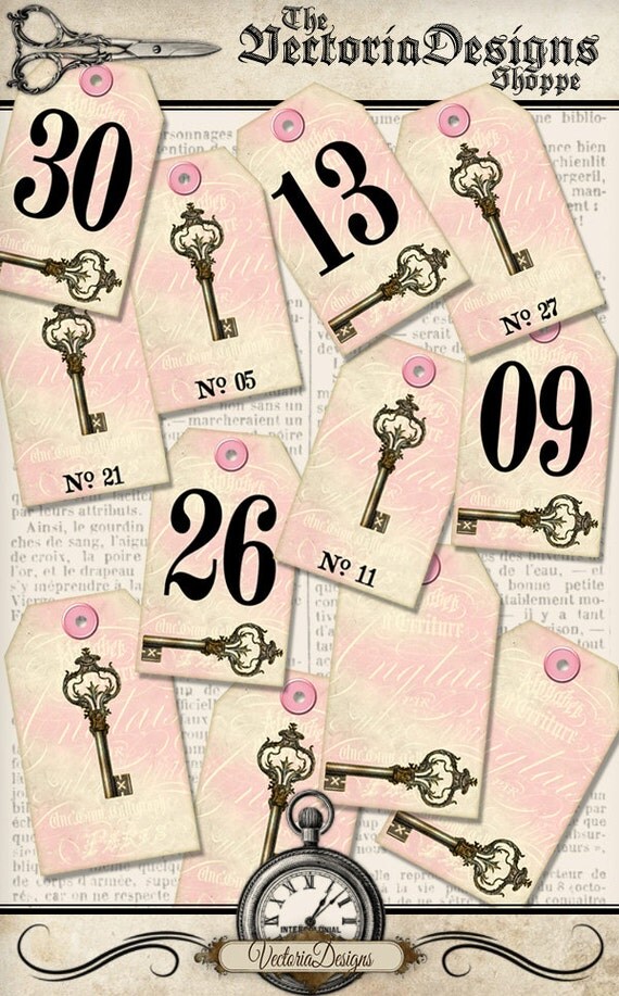 vintage key number tags printable numbers 1 32 digital