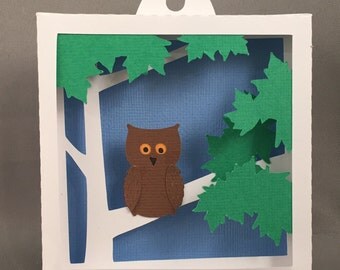 3D Pop Up Owl in Trees Paper Shadow Box, Hand Cut Paper, Pop Up Sculpture, 3D Paper Art, Pop Up Art