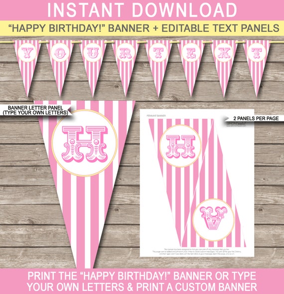 Pink Carnival Party Banner - Circus Party - Happy Birthday Banner - Custom Banner - Party Decorations - INSTANT DOWNLOAD with EDITABLE text Il_570xn