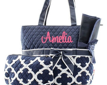 Monogrammed Diaper Bags Personalized Diaper Bags Navy Quatrefoil Diaper Bag Monogrammed Diaper Bag 3 Piece Quilted Diaper Bag Diaper Bag Set