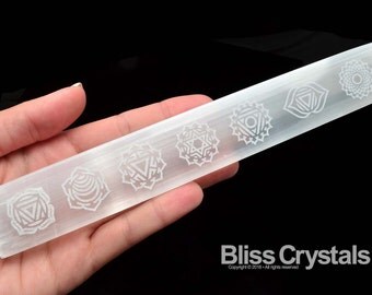 7 Chakra Laser Etched SELENITE "Bar" Flat Wand Healing Crystal and Stone White Selenite Chakra Wand #SR01