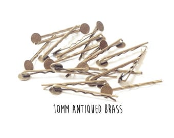 50 pieces - Antiqued Brass - Bobby Pins - 10mm - 2 inch length - Round Pad - Antique Bronze
