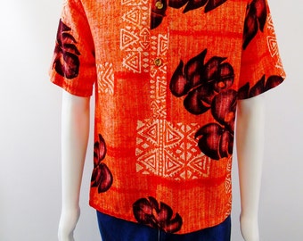 Pullover Hawaiian Aloha Shirt Reverse Print Malihini Hawaii Cheese Plant Leaf Pattern Vintage 1960s Mens Sz M
