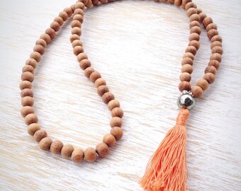 Raw Wood Pyrite Mala Bead Necklace, Mala Beads, 108 Mala Beads, Mala Necklace, Mala Beads 108, Buddhist Jewelry, Wooden Mala Beads, Pyrite