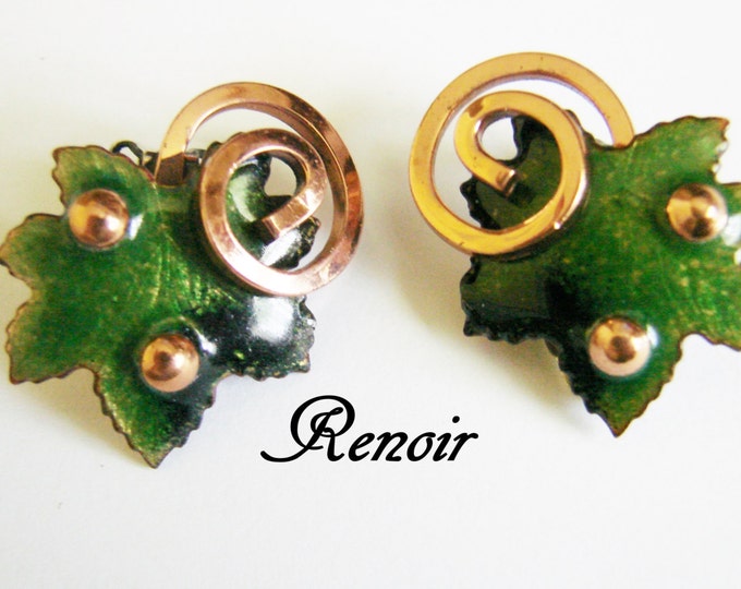 Vintage Renoir Designer Signed Enamel Copper Modernist Earrings / Green Enamel / Jewelry / Jewellery
