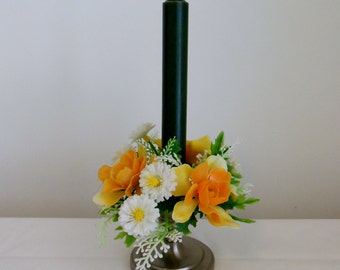 CLEARANCE-Floral Plastic Candle Ring Orange Yellow White Flowers Green Foliage Single Ring for Taper