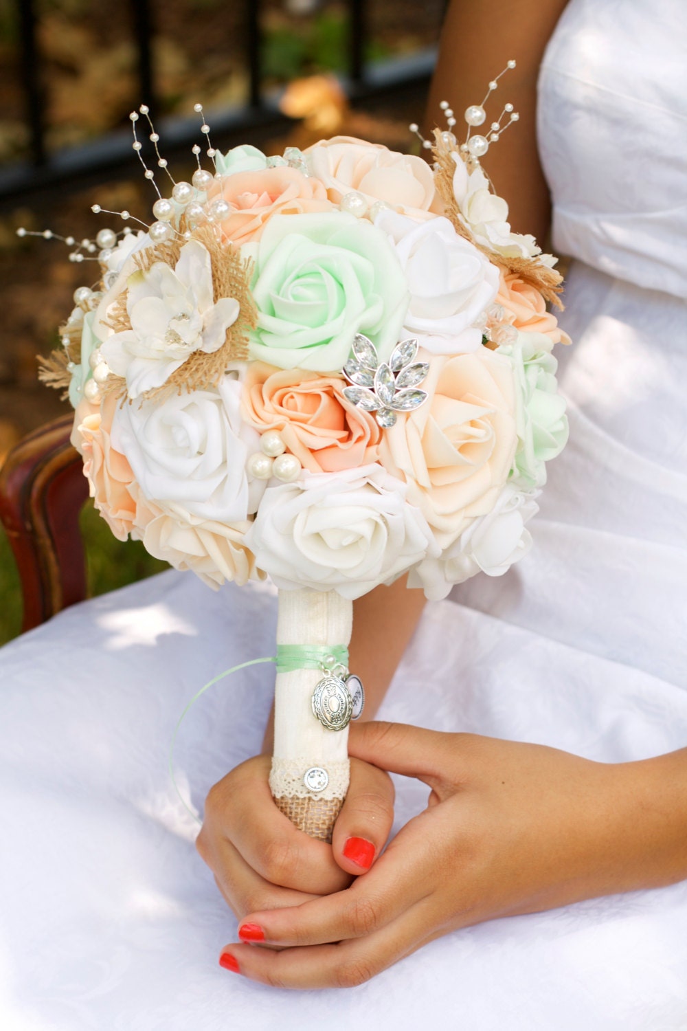 Mint Peach Blush Brooch Locket Wedding Bouquet Charm